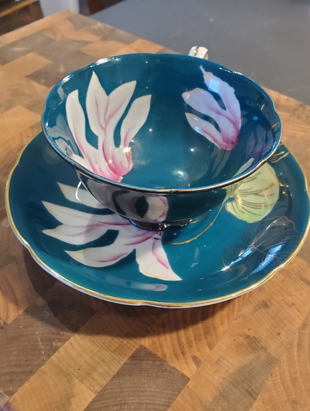 Teal Floral Fine China Teacup and Saucer - Elegant Home Art Japan 1950 Vintage